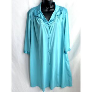 Vintage Vanity Fair Blue Nylon Button Up Robe Dressing Gown House Coat Size L